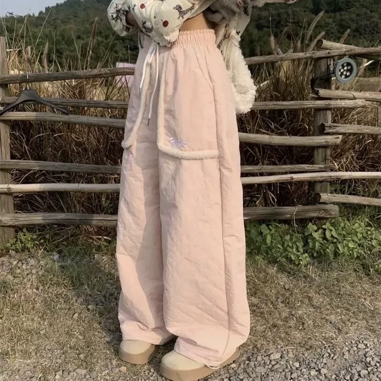 [Плюшевая утолщение] американские снежные брюки с рисунком тыквы женские зимние повседневные свободные дикие широкие хлопчатобумажные брюки