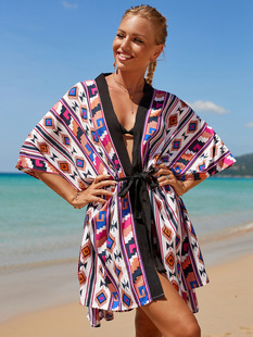 Cross-Border European and American Beach Cover-Up Printed Cardigan Seaside Vacation Robe Bikini Swimsuit Beach Skirt (Loss)