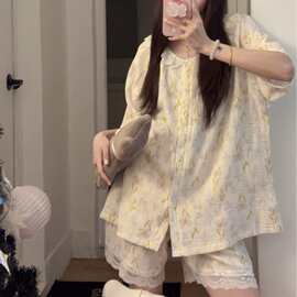 夏季短袖双裤袋婴儿棉睡衣家居服套装