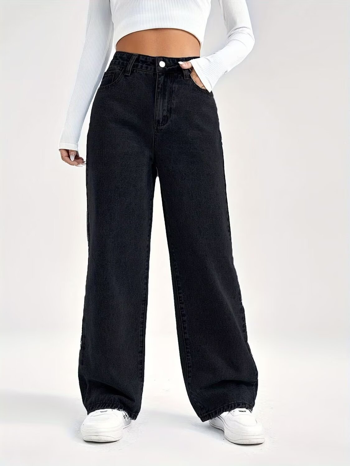 High-Waisted Straight Leg Jeans Women's Loose Fit Wide Leg Pants Solid Color European American Style Petite Size Autumn Winter_ecoleips.com