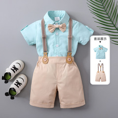 跨境童裝批發英倫紳士背帶褲三件套兒童套裝寶寶夏季短袖男童夏裝