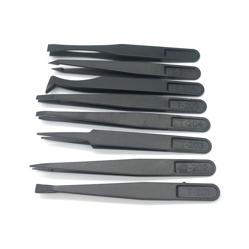 塑料聚碳镊子硬质碳纤维合成弯头扁头箭头平头夹持工具防腐蚀专用