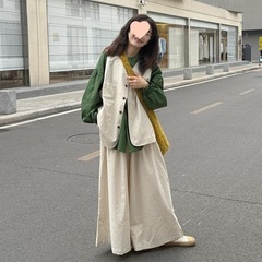 复古春秋新款一整套长袖衬衫马甲套装背心小众时尚阔腿裙裤三件套