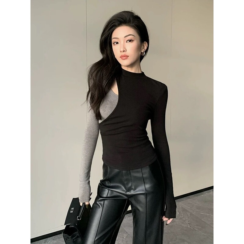 纯欲风辣妹拼色圆领长袖针织衫女秋季新款修身显瘦高级感气质上衣|undefined