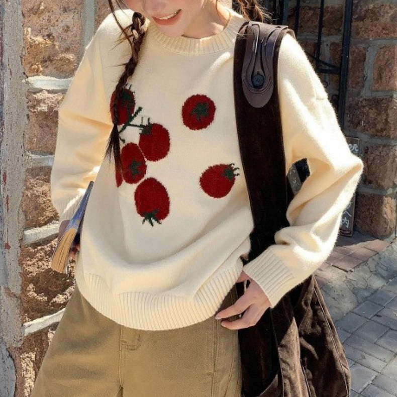 2025 suave tomate nuevo Jacquard de cuello redondo suéter de punto otoño y invierno coreano casual suave blusa de moda image 1