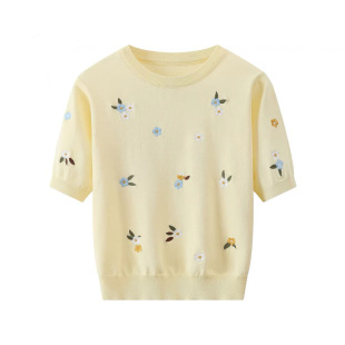 Knitted silk sweater with a round collar, T-shirt, thin cartoon summer clothing, with short sleeve, with embroidery