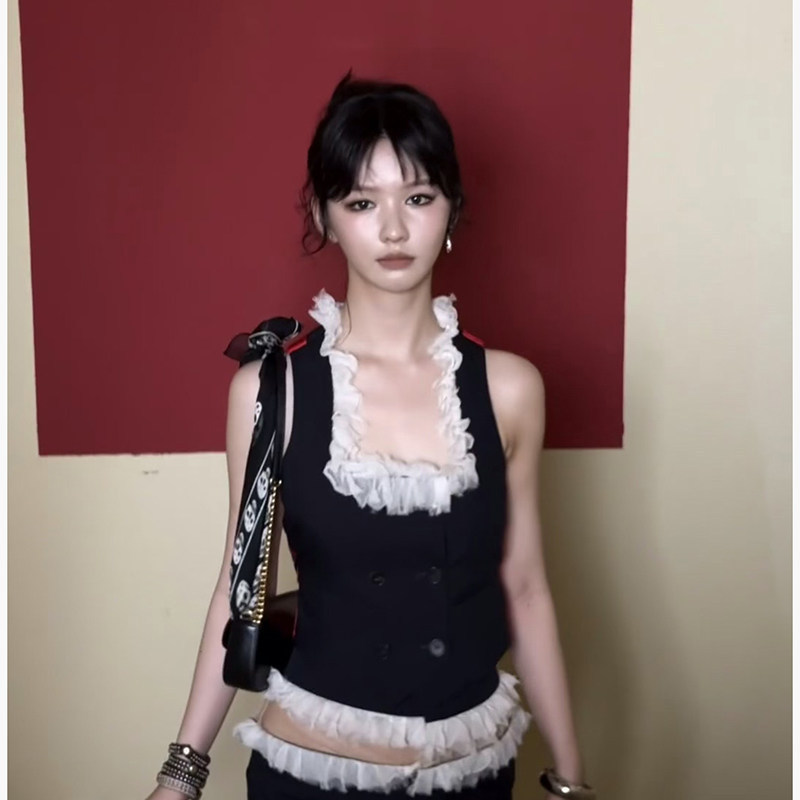 In-Stock Trendy Brand Design Color-Blocked Mesh Lace Square-Neck Vest, Summer Elegant Double-Breasted Waist-Cinching Vest
