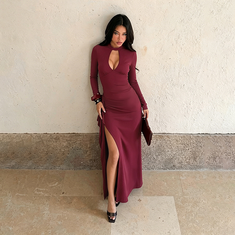Mx26038Pfo Halter Neck Cutout Long Sleeve Dress, Slim Fit, High Slit, Bodycon Long Dress, Party Dress