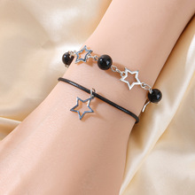 欧美串珠手饰跨境新品星星手链波西米亚黑色圆珠镂空星形叠戴手链