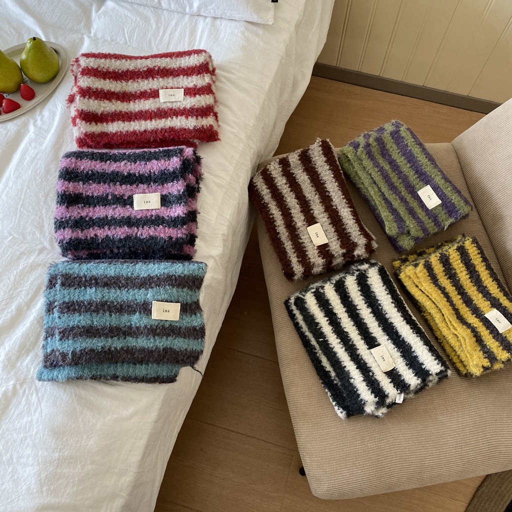 Gestreifter Strickschal Für Damen Und Herren Winter Luxus Warm_voghion.com