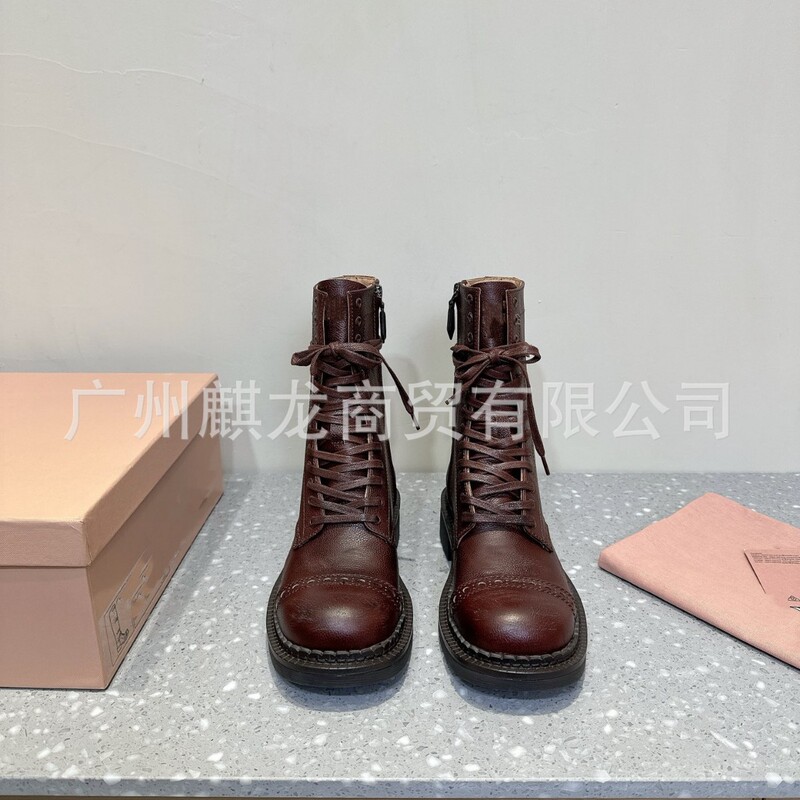 高端品质2025秋冬真皮圆头复古做旧厚底显瘦系带马丁靴骑士靴|undefined