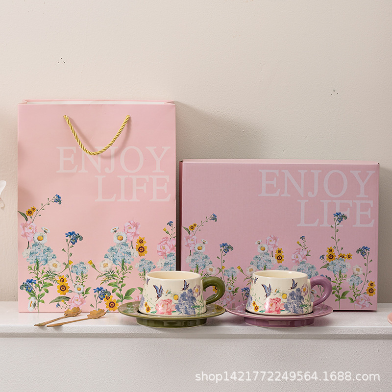 レトロ油絵コーヒーカップ皿セット陶磁器マグカップ小衆カップルカップ蝶コーヒーカップ皿ギフトボックス|undefined