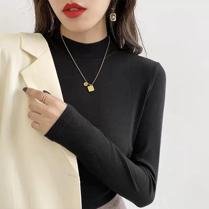 半高领打底衫女秋冬季新款洋气百搭长袖t恤配皮草大衣的内搭上衣