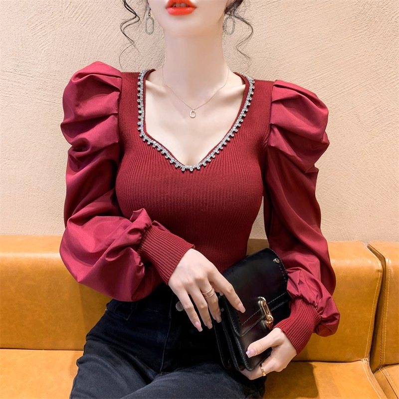 V-neck sweater top women's autumn and winter 2023 new women's bubble sleeve sweater fashionable western style long sleeve bottoming shirt V-neck sweater top women's autumn and winter 2023 new women's bubble sleeve sweater fashionable western style long sleeve bottoming shirt