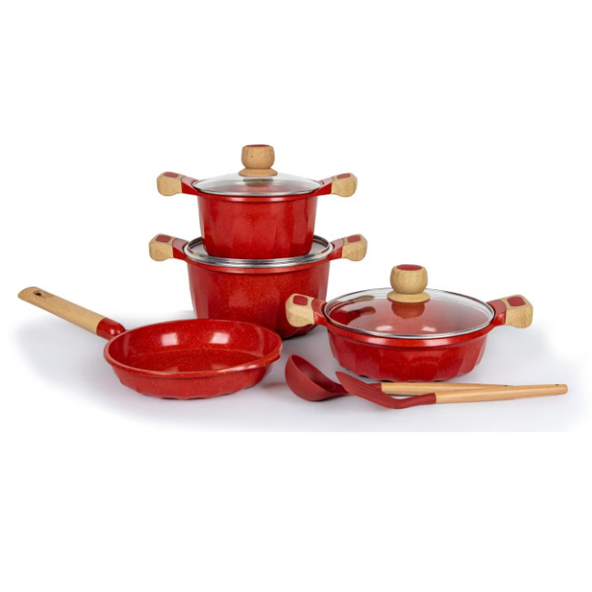 MGC Francia 9 piezas cocina casera antiadherente fondo plano destilado de aluminio horno electromagnético de fuego abierto olla de arena general
