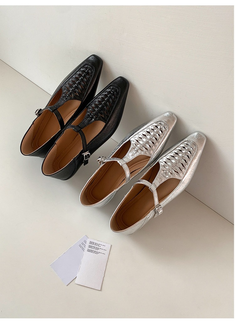 Giày Mary Jane nữ đan T-Strap da thật mũi vuông đế bệt — màu đen, bạc chi tiết 24