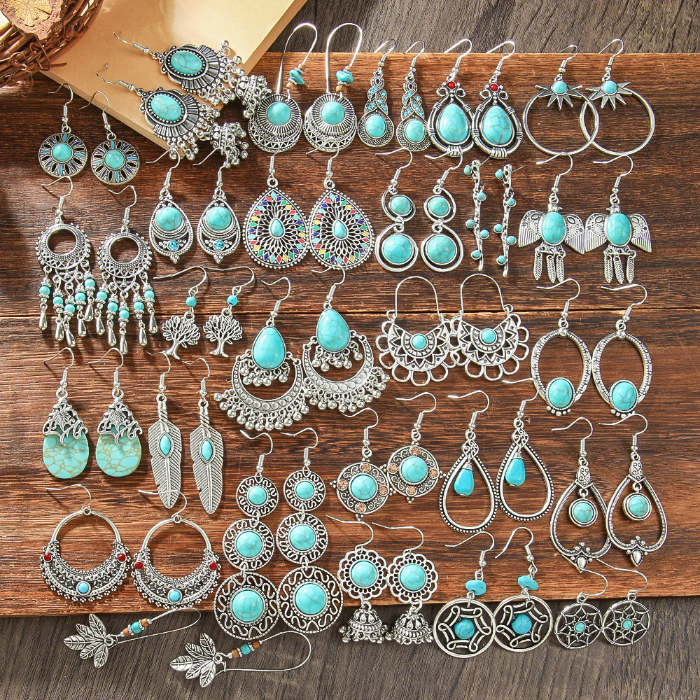 Cross-Border Popular Turquoise Earrings for Women, Ethnic Style Earrings, Bohemian Jewelry Accessories, Yiwu Foreign Trade Wholesale
