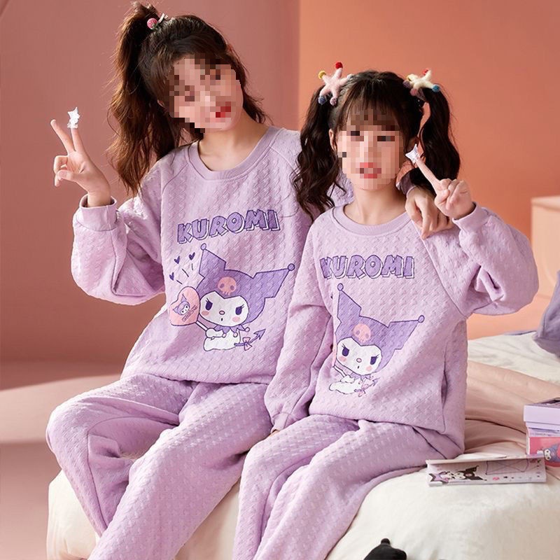 亲子睡衣秋冬季空气层夹棉绸加厚儿童套装卡通保暖女孩纯棉家居服