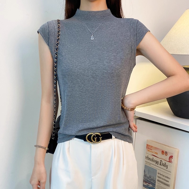 여름 여성용 스레드 하프 터틀넥 반팔 티셔츠, 슬림핏 밑단 셔츠, 다용도 플라잉 슬리브 디자인 탑 캐미솔
