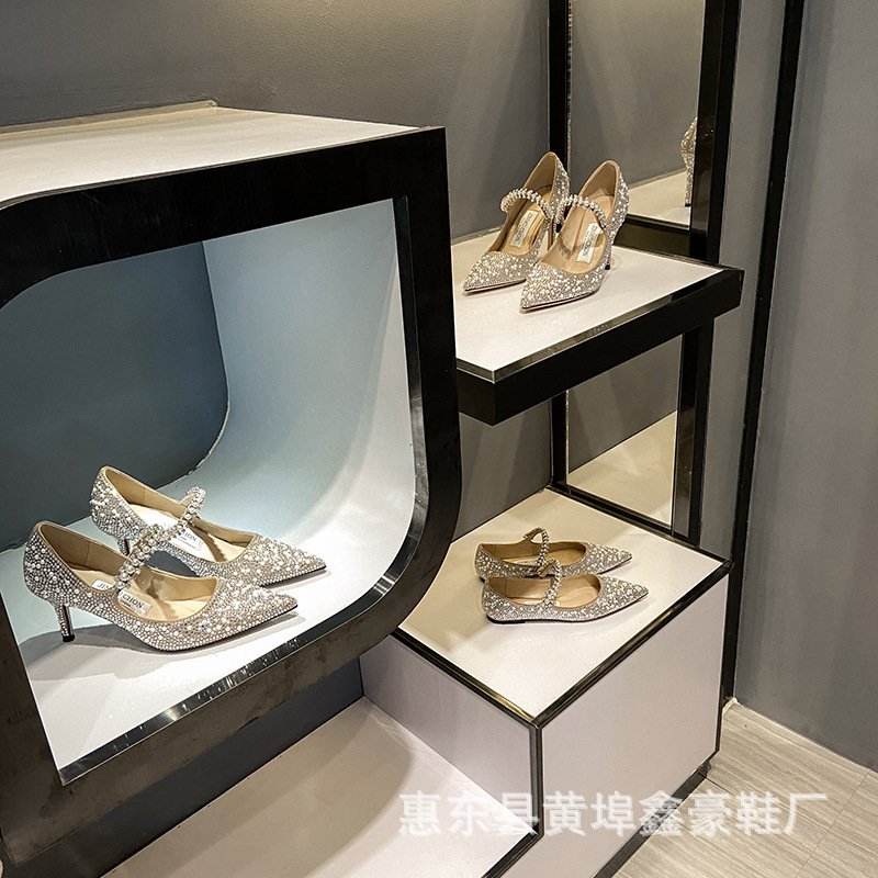 Xinhao Shoe Factory 2021J ~ C Flat Bottom Rhinestone Mary Jane Single Shoes Thin Heel Shallow Mouth Pointed Fashion Wedding High Heels