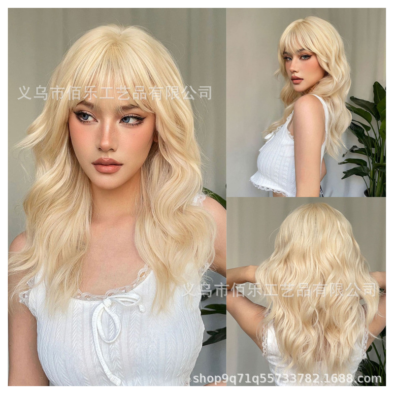 European and American style new full head wig white gold neat bangs long curly hair chemical fiber cross-border wholesale wigs European and American style new full head wig white gold neat bangs long curly hair chemical fiber cross-border wholesale wigs
