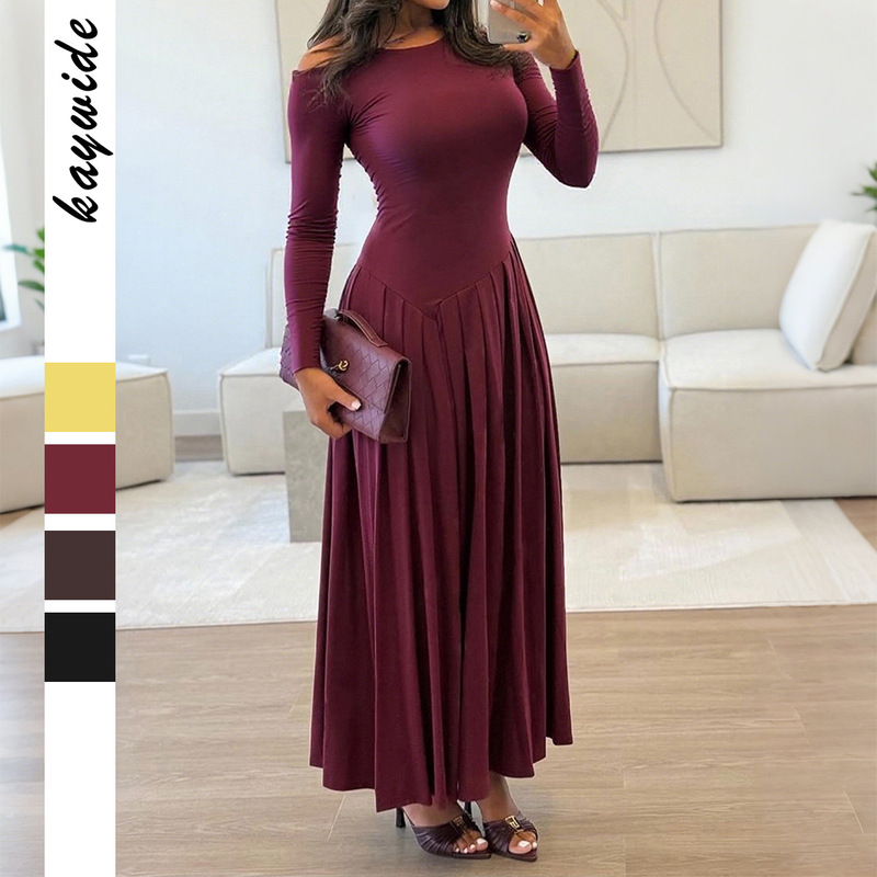 Diyun Cross-Border European and American Elegant High-Waisted Long-Sleeved Long Skirt Dress Women's Clothing 2025 Autumn and Winter Amazon Independent Station