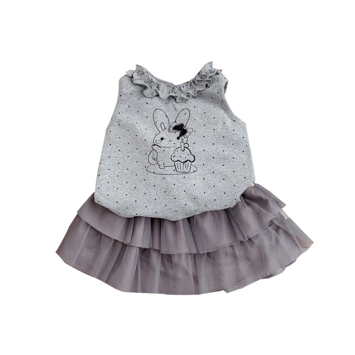 Niñas 2025 verano nuevo estilo coreano lunares conejo chaleco estilo occidental recién nacido color sólido pastel falda de dos piezas