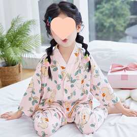 夏季儿童棉绸睡衣薄款女孩男童中大童七分袖空调服宝宝家居服套装
