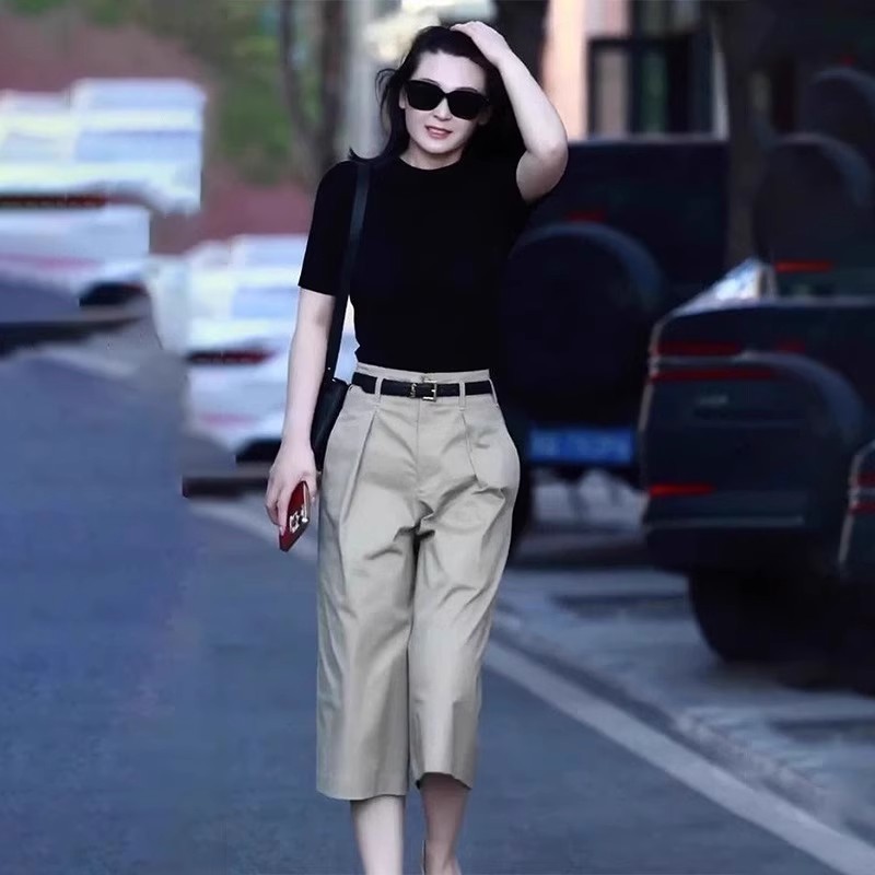 夏の女性向けのファッショナブルでカジュアルな薄いクロップドパンツ、ハイウエスト、年齢軽減、ゆったり、スリム、多用途のストレートワイドレッグパンツ|undefined