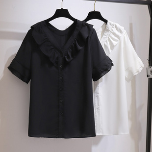 chubby girl Style Ruffled Top Design Sense Short Sleeve Shirt 2024 Summer New Chiffon plus size Shirt