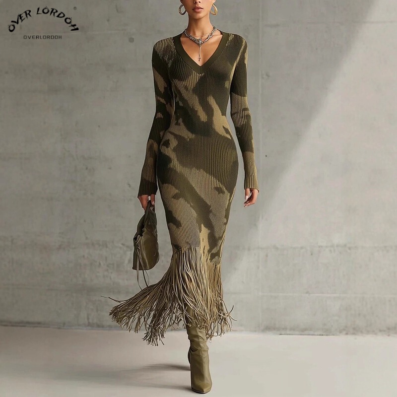 2025 Amazon Temu Women's Knitted Sweater Dress Creative Retro Comfortable V-Neck Slim Fit Tassel Dress