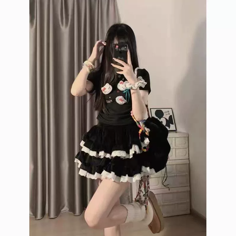 Оптовая продажа 130kg внутренняя одежда больших размеров, сладкая и пряная тонкая короткая футболка с короткими рукавами, топ, юбка-тортик, юбка-пачка, костюм, юбка