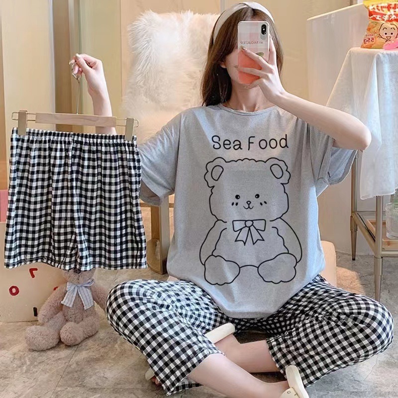 Pijama de verano de mujeres delgado en línea popular estilo coreano estudiantes dulces lindos vestidos para el hogar de mujeres se pueden usar con tres piezas