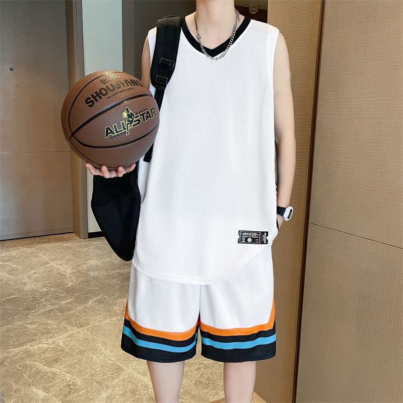 Ice Silk Basketball Suit suit Men's Summer Sleeveless T-shirt Men's Fashion Brand V-neck Vest Youth Leisure Sports Two-piece Set