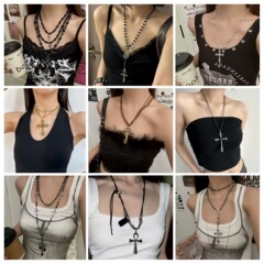 暗黑重工十字架珍珠项链女长款锁骨链项饰高级轻奢小众卫衣链配饰