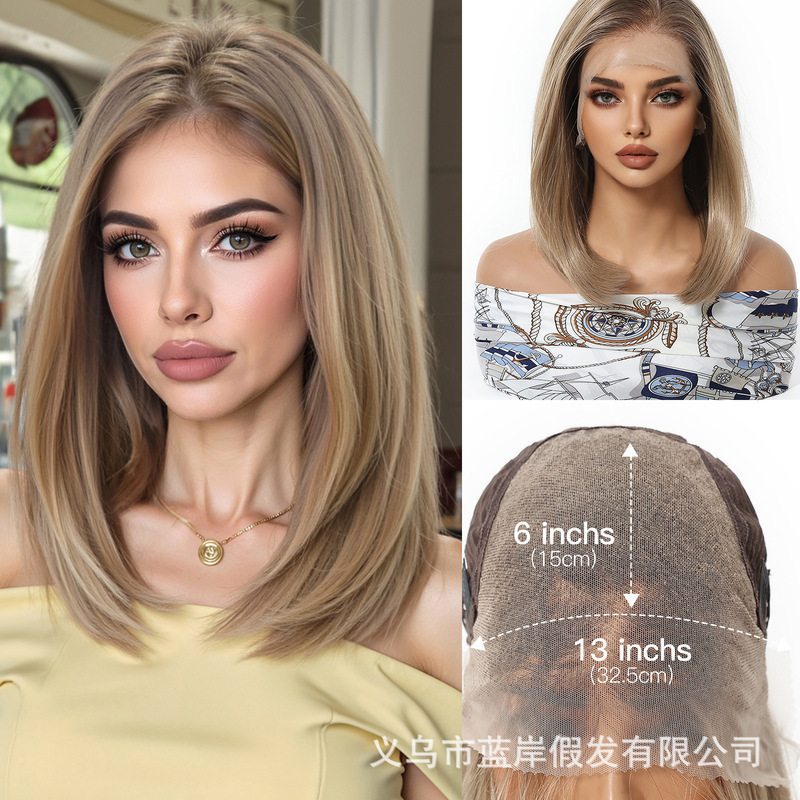 Hot-Selling New Large-Area Lace Wig 13*6 with Free Parting, Gradient Golden Color, Medium-Length Straight Hair, Synthetic Fiber Wig