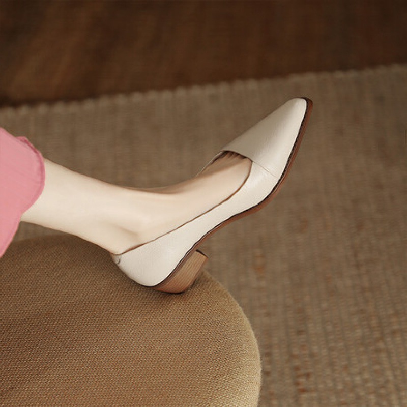 2024 봄과 여름 싱글 레이어 신발 로우 탑 여성 레트로 대외 무역 조명 럭셔리 뾰족한 두꺼운 힐 로우 컷 통근 가죽 신발 로퍼