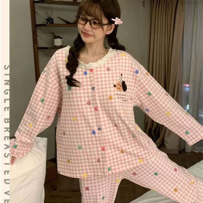 格子带胸垫睡衣女秋冬新款开衫蕾丝云朵棉长袖长裤卡通家居服套装
