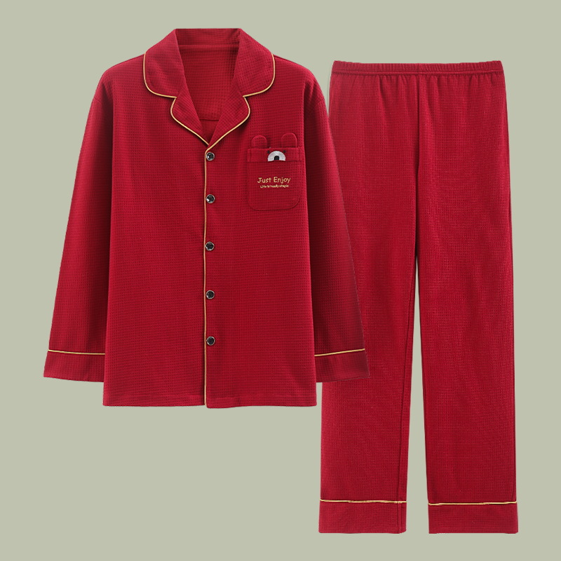 Transfronterizos para otoño recién casados de algodón pijama de manga larga ropa de casa roja grande cardigan set de algodón festivo