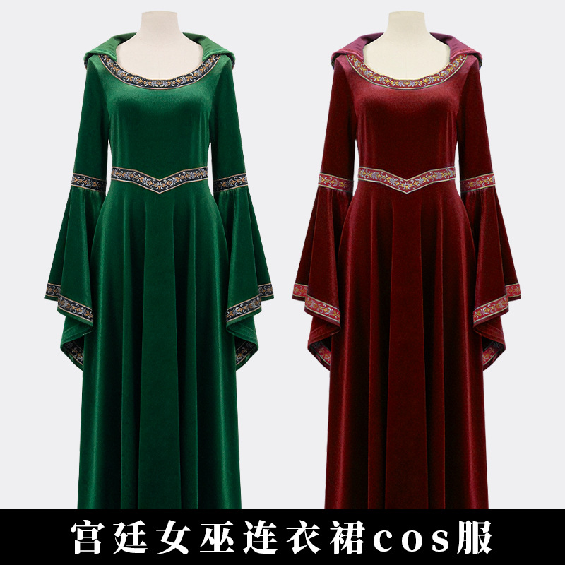跨境中世纪服装 欧美文艺复兴宫廷女巫cos复古酒红色喇叭袖连衣裙