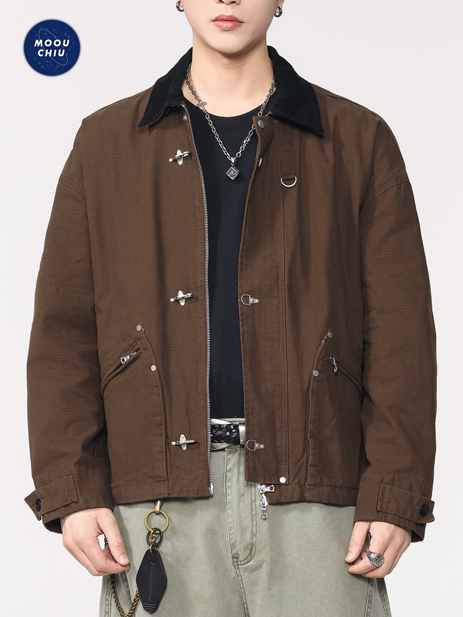 Muqiu Men's Clothing | American Retro Hunting Pilot Short Jacket Men's Barn Style Aircraft Buckle Work Jacket