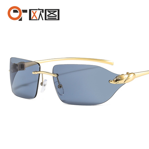 Metal leopard head decoration cross-border hot-selling frameless side shield curved sunglasses colorful fashion retro men's and women's sunglasses