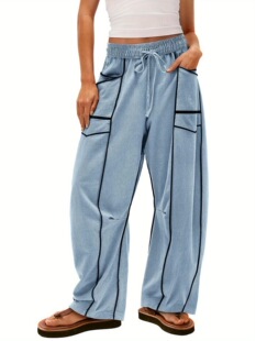 Y 10578 Loose Drawstring Waist Wide Leg Pants Ůʽ���ѝ