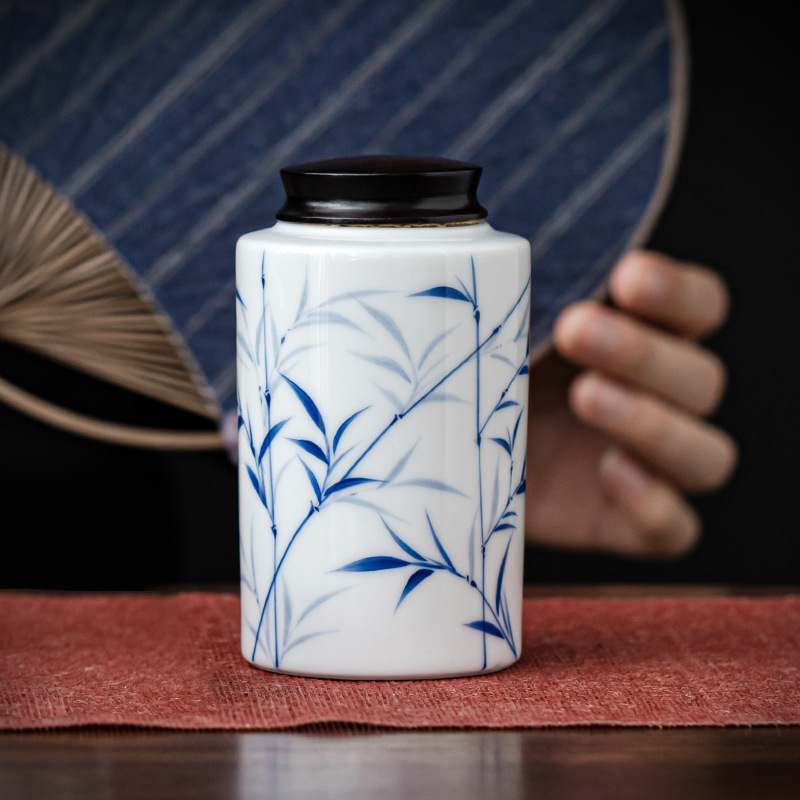 玩物尚置手绘茶叶罐空罐陶瓷密封罐家用防潮储物罐檀木盖小号茶仓