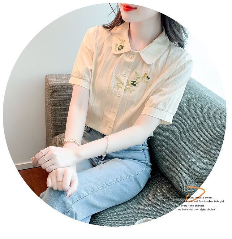 夏装2024年新款时尚纯棉衬衣女洋气全棉短袖气质女士衬衫刺绣上衣详情31