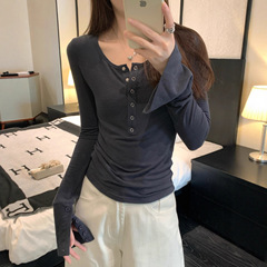 美式甜辣妹半开v领纽扣修身长袖打底衫T恤女秋冬松弛感喇叭袖上衣