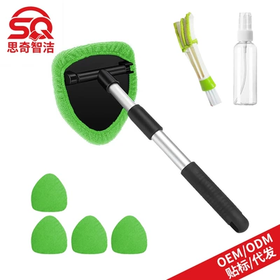 Car cleaning tools: Cleaning Brush Microfiber Cloth - 1-pentagonal-plastic-piece-5-green-cloth-covers-1-50ml-spray-bottle-1-detail-brush