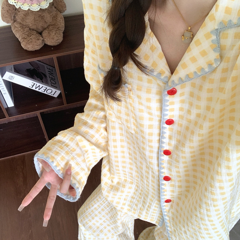 Cloud cotton pajamas for women, spring and autumn, ins style, plus size, sweet shell yellow plaid, 2025 new model, home wear set