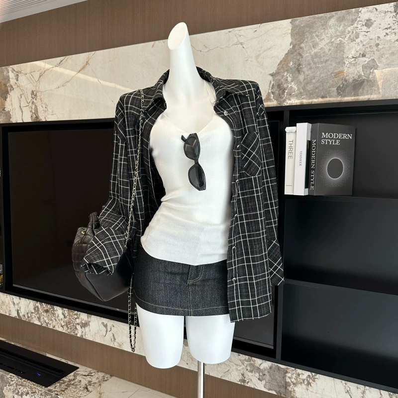 He Chenxi, свободная клетчатая рубашка в стиле бойфренда, женская летняя универсальная повседневная рубашка с длинными рукавами в стиле ретро, ​​солнцезащитный топ