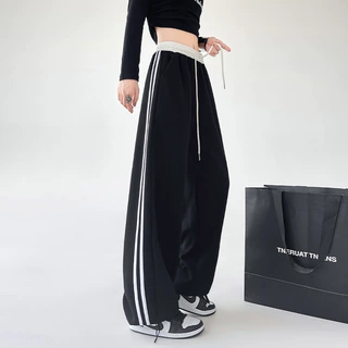 运动裤子女春秋撞色高腰显瘦宽松垂感直筒休闲卫裤条纹拼接阔腿裤